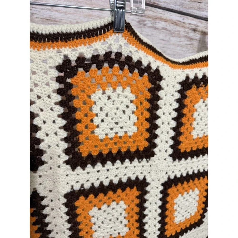 Granny Square Crocheted Afghan Blanket MCM Orange Cream Brown 31.5x57.5